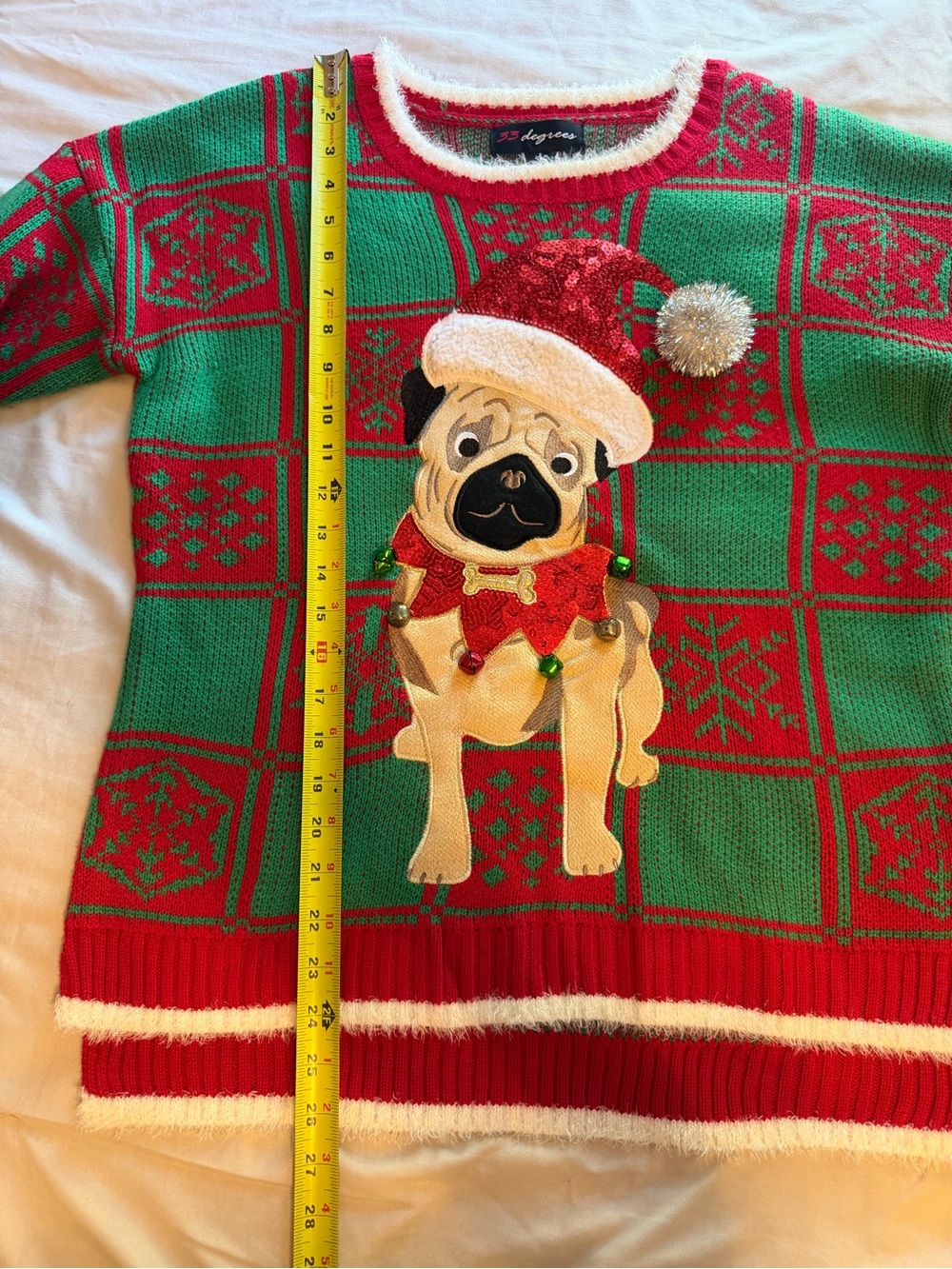33 Degrees Christmas Pug Sweater L Ugly Holiday Sequin Santa Hat Jingle Bells - Picture 6 of 10